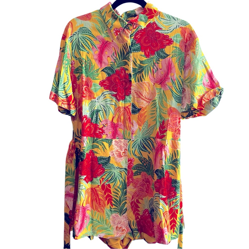 NEW Petal & Pup Tropical Floral Romper linen blend resortwear womens medium M